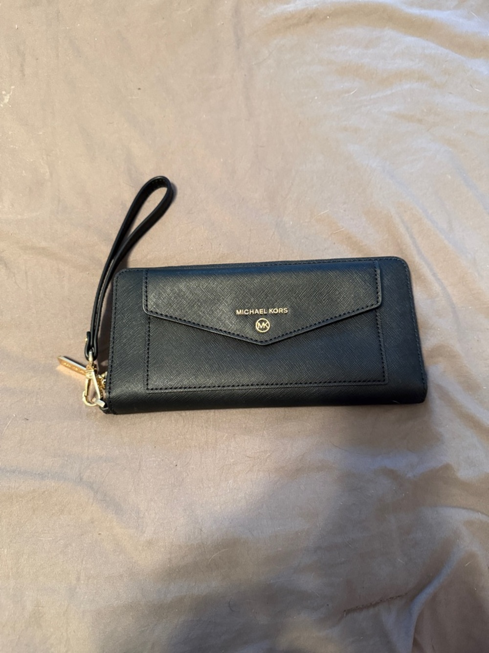 Michael Kors Black Saffiano Wristlet Wallet with Gold Hardware